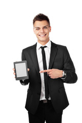 Businessman with ebook reader, pointing isolated