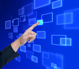 Hand pushing button on a touch screen interface