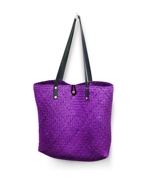 bag of weave reed Leather handle violet color with path