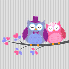 Couple owls in love.Vector card in handiwork style