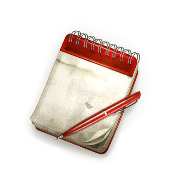 Spiral notebook with pen, old-style vector isolated