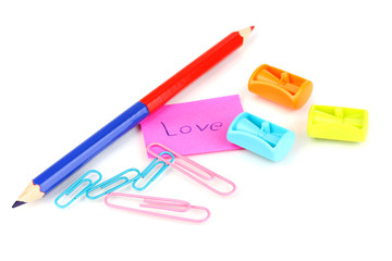 Color stationery close-up isolated on white