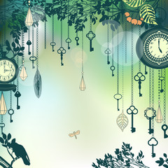 Vintage green background with with keys and clocks