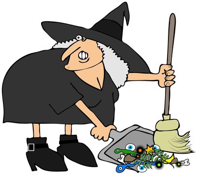 Witch using a broom and dustpan