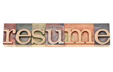 resume word in letterpress wood type