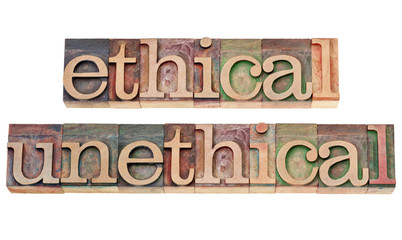 ethical and unethical words in wood type