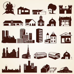 Houses buildings silhouettes, vector set of various buildings