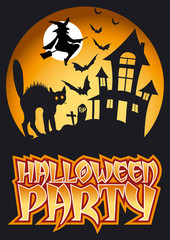 Halloween Party Graphic with Witch, Bats & Black Cat