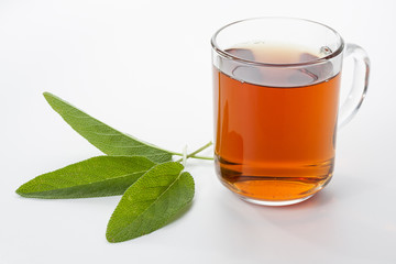 Sage tea in a glass cup with sage leaves