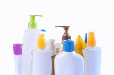 Personal care bottles isolated on white background.