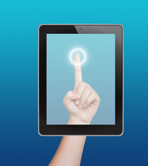 Hand pushing tablet on a touch screen blank interface