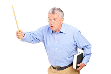 An angry mature teacher holding a wand and gesturing