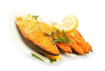Yummy baking mussels under roe isolated on white