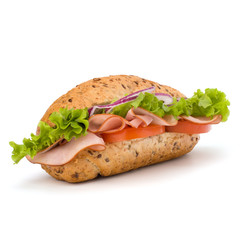 fast food baguette sandwich with lettuce, tomato, ham and chees