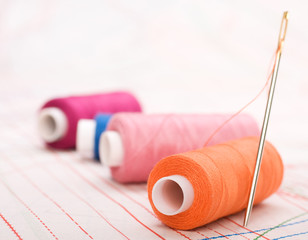 Spool of thread and needle. Sew accessories.