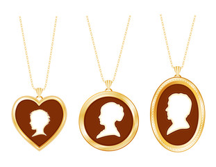 Cameo Family, vintage gold locket jewelry, chains, 3 silhouettes