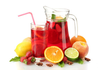 sangria in jar and glass with fruits, isolated on white