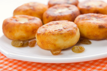 Homemade sweet cheese pancakes with raisins