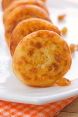 Homemade sweet cheese pancakes with raisins