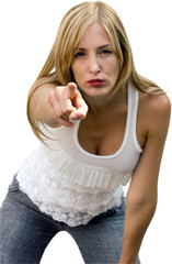 Portrait of young woman pointing finger at viewer, isolated over