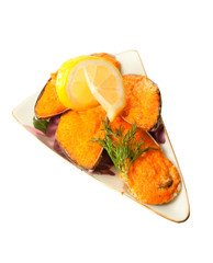 Yummy baking mussels under roe isolated on white