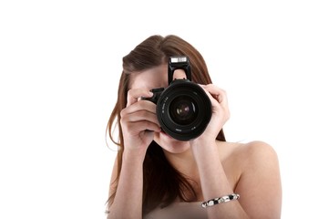 young woman with single-lens reflex camera (white background)