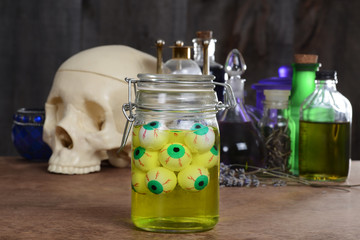 Jar of eyeballs skull and potions
