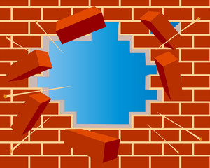 broken brick wall with hole and sky