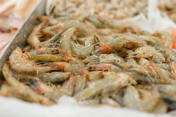 Bunch of grey Shrimps on table in supermarket