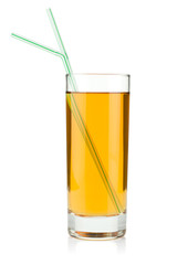 Apple juice in a glass with drinking straws
