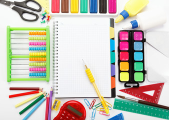 office and student accessories isolated over white background. B