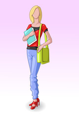 vector illustration of pretty female student with bag