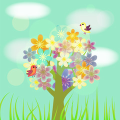 Arbre décoratif fleuri avec oiseaux et nuages