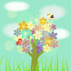 Poster Bloeiende decoratieve boom met vogels en wolken © elyomys