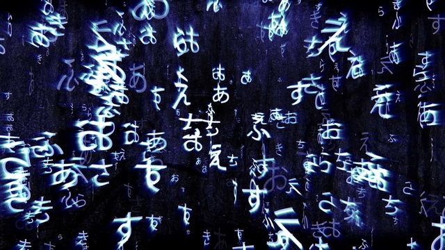 Japanese characters flying/floating in 3D space.Animation