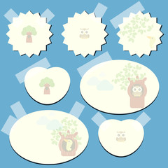 Set of the paper notes with bird, owl and tree