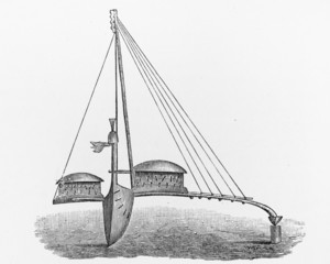 Vintage drawing of a outrigger boat from Marshall islands