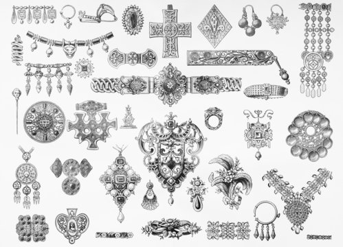 Vintage drawing of various jewelry types from late 1800's