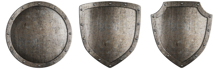 Set of old metal medieval shields isolated on white