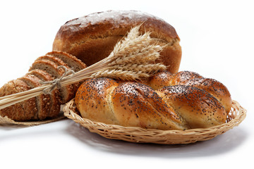 Fresh breads for a variety isolated on white.