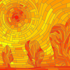 Naklejki  Mosaic abstract red sun with trees in yellow tone.