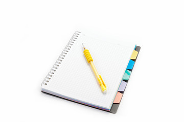 Office and school. Automatic pencil and notebook isolated on whi