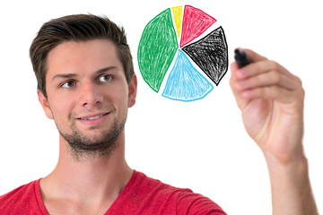 Young man drawing a pie chart