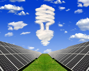 Bulb from clouds above the solar energy panels