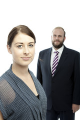 young brunette woman and beard business man portrait
