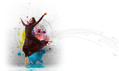 Fototapeta na wymiar Girl in color dress dancing.Collage