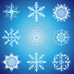 Fototapeta na wymiar Snowflake crystals on blue background