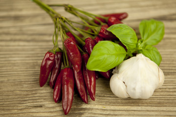 scharfe rote chili mit Knoblauch und Basilikum auf einem Tisch