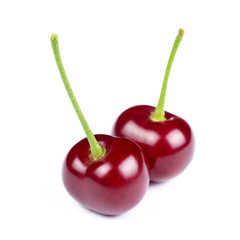 Group of Sweet Fresh Cherries with Green Stems Isolated on White