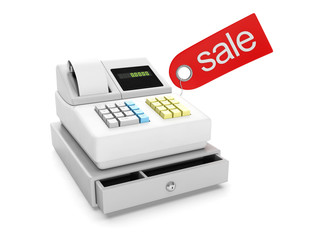 3d illustration: Sale and purchase. Cash register and sticker sa